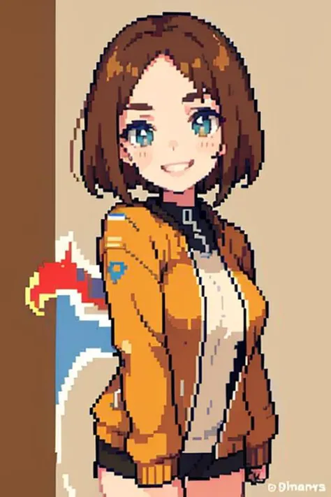 pixel, pixel art, 1girl, brown hair,  brown hoodless jacket, body, smile,  <lora:pixel_f2:0.5>