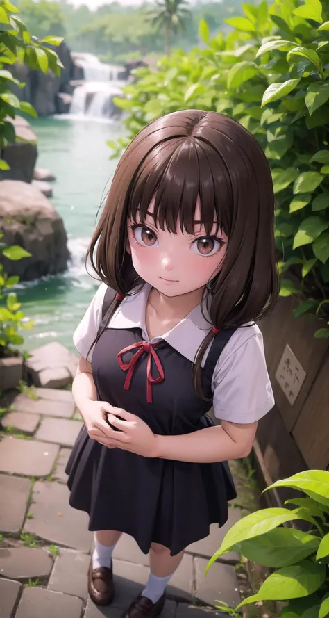 anime girl in school uniform standing in front of a waterfall