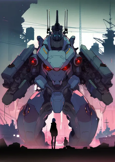 a person standing in front of a giant robot with red eyes