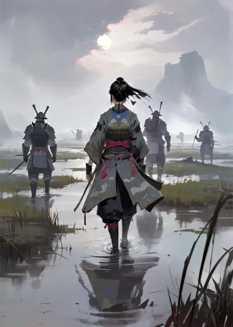 by dino , by 7nu ,by ajimita
1girl,  
beautiful  japanese  woman in fantasy samurai armor, trudging through misty swamp in middle of multiple army battlefield, marshlands, foggy, cloudy, wearing surcoat with family arms embroidered on it, many  samurai fighting in background,
 masterpiece, best quality, high quality,