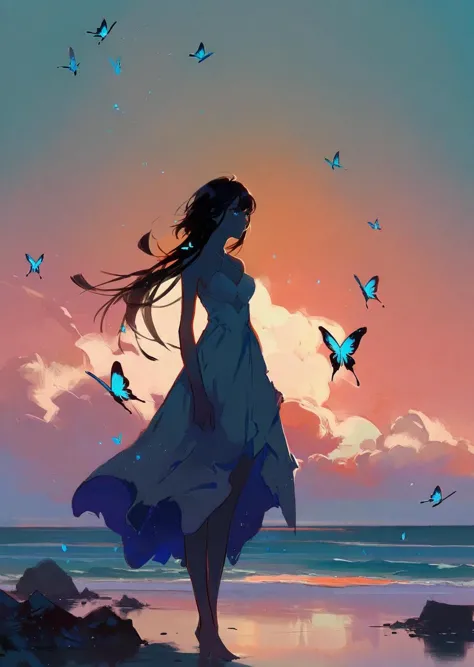 by Ilya Kuvshinov, impasto
1girl,
 detailed face
Beautiful butterflies in detail,Beautiful stars in detail,halter dress ,particle,Starry sky in beautiful detail,Hazy fog,Ruins of beautiful details,Standing on the surface of the sea,butterfly,die,film light
masterpiece, best quality, high quality,    aesthetic