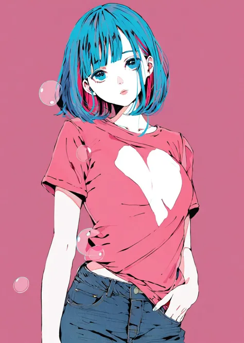 anime girl with blue hair and pink shirt with heart on it