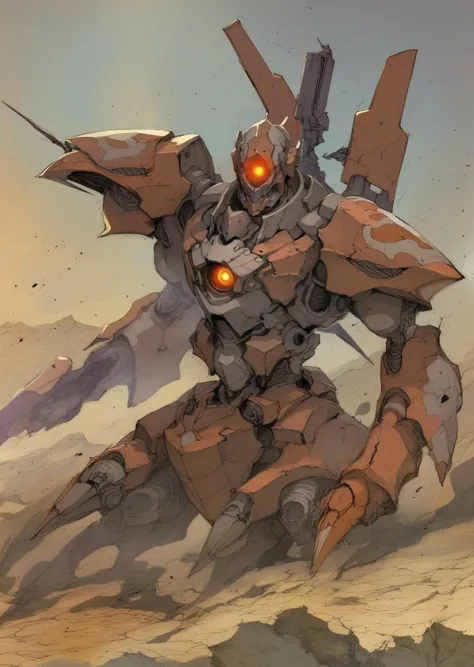 by  demizu posuka, by krenz 
by John Berkey
giant robot 
mecha 
rusty armor
damaged 
glowing  eyes
battlefield 
dark shadow, drop shadow, shaded face, 
beautiful, aesthetic, detailed, beautiful color amazing quality, best quality, high quality