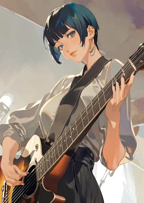 anime girl with blue hair playing guitar in front of a microphone