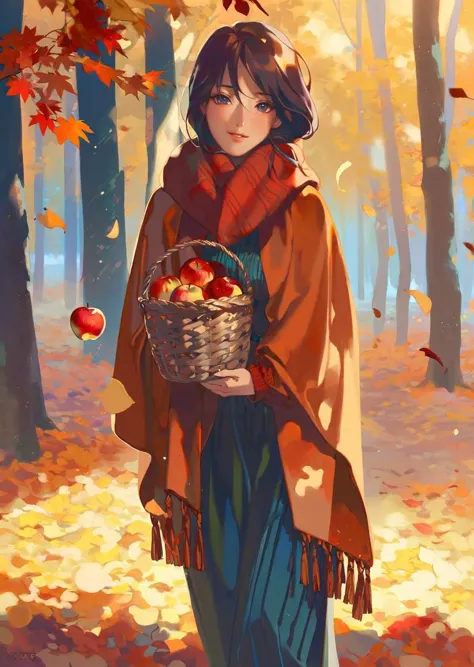 by reiko, by oda non
 1 girl ,  depth of field, bokeh,  rim light, dramatic lighting 
 autumn scene where a young girl stands in a picturesque forest. The trees are ablaze with vibrant shades of red, orange, and gold, their leaves falling gently to the ground. The girl, bundled up in cozy fall attire, holds a basket filled with apples, and a warm smile graces her face as she takes in the breathtaking beauty of the season
masterpiece, best quality, high quality,