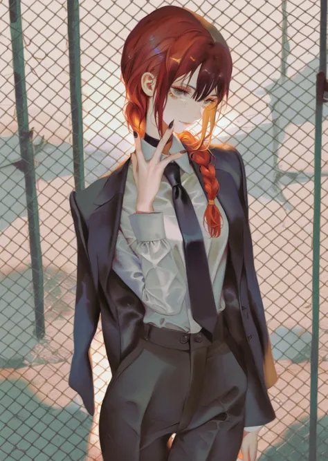 anime girl with red hair and a black suit smoking a cigarette