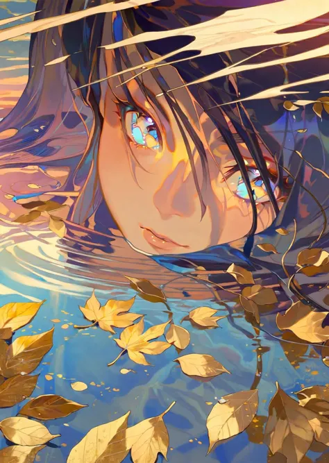 by reiko, by oda non
1girl in a lake. half-sunken, crystal eyes, 
close up , perspective 
   gold leaf 
 sunset
 masterpiece, best quality, high quality,