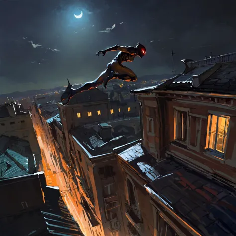 spider - man leaps over a rooftop in the dark