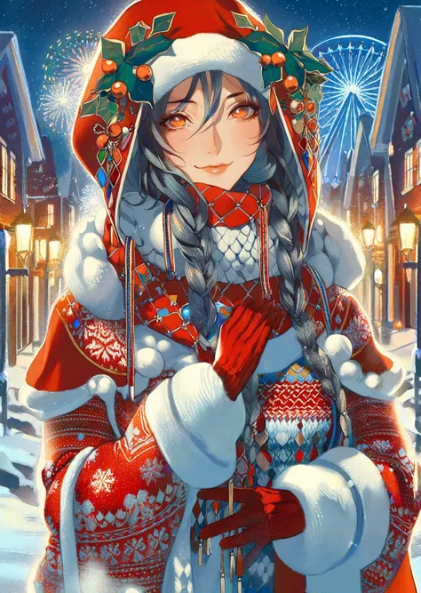 by reiko, by oda non
 1girl detailed face a magical winter wonderland at night, an exquisite snow maiden appears, wearing christmassweater, red theme
 <lora:SDXLChristmasSweater:0.8>