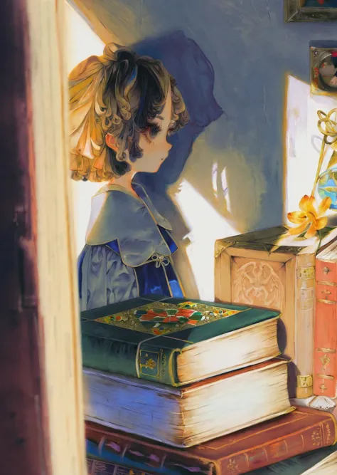 painting of a girl reading a book in a room with a window