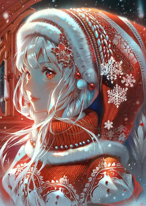 , by 7nu ,by ajimita,
by yogisya
 1girl detailed face a magical winter wonderland at night, an exquisite snow maiden appears, wearing christmassweater, red theme
 <lora:SDXLChristmasSweater:0.8>