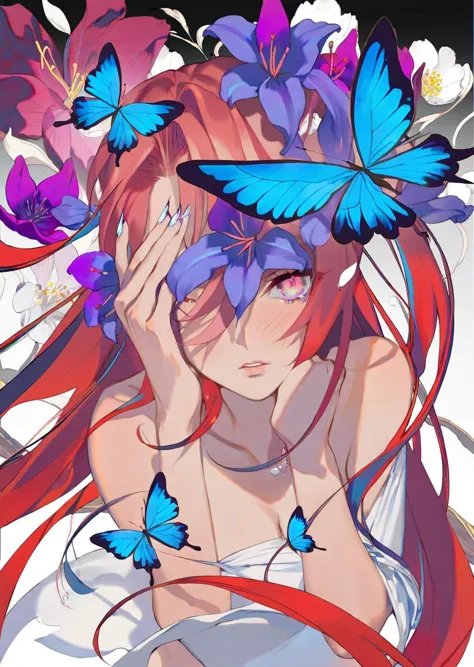 a woman with long red hair and butterflies on her head