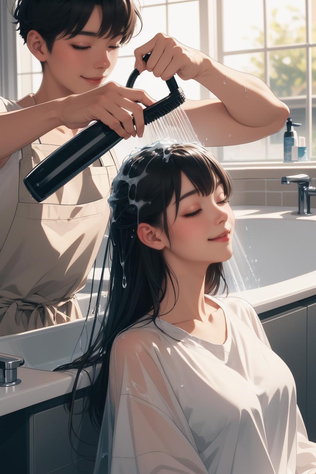 Anime girl in a white shirt and black skirt holding a shower head - SeaArt  AI