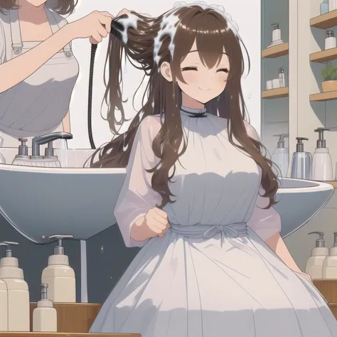 (((masterpiece))), (((best quality))), (((hair salon))), (((a strong boy))),((lying on ceramics sink)), ((lather on hair)), ((a apron hairstylist stand behind girl)), shower head, (((lather on hair))), shampoo, transparent cover-up, closed eyes, smile, wet hair, brown wavy hair, ribbon, high neck, big tits, petite figure proportion, <lora:girllikehairsalon:1>