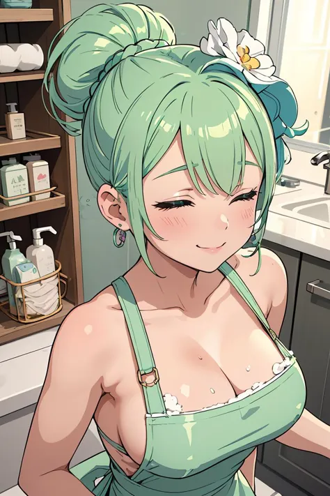 anime girl with green hair and blue eyes in a bathroom