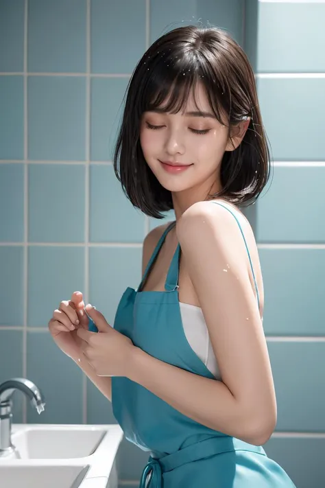 a woman in a blue dress standing in front of a sink