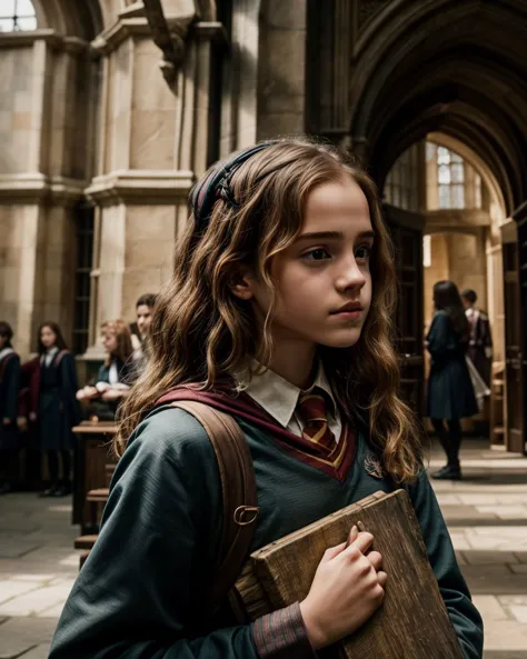 masterpiece, 8k, hi-res, award winning, (highest quailty:1.5),
 girl, Hermione Granger, Hogwarts, messy long hair
<lora:add_deta...