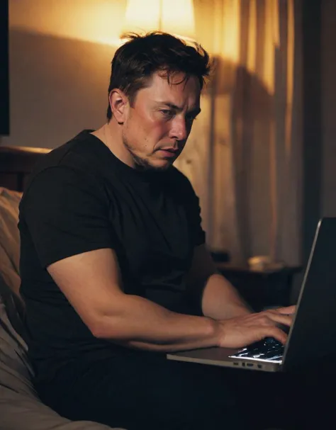 ELon Musk sitting in a bedroom at night with all the lights turned off looking at a laptop screen, angry, looking down at screen, overweight, fat, aged, old, dimly lit, clean shaven, dimly lit, cinematic, dramatic lighting, high contrast,