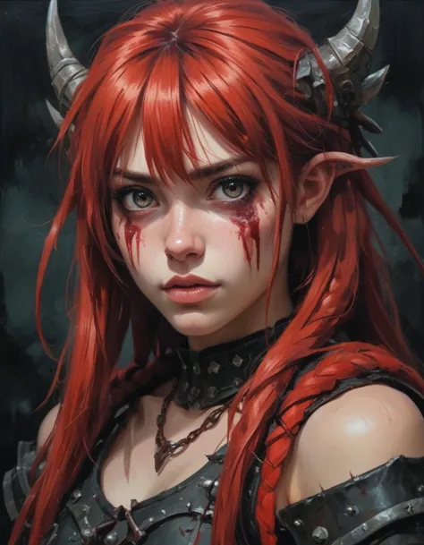 a woman with red hair and horns is wearing a leather outfit