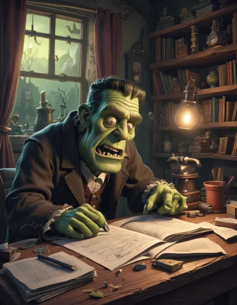 cartoon frankenstein solving his home work