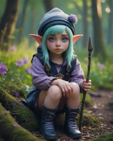 a close up of a child with blue hair and a green hat