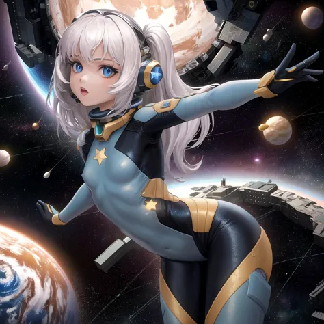 anime girl in a space suit flying over a planet