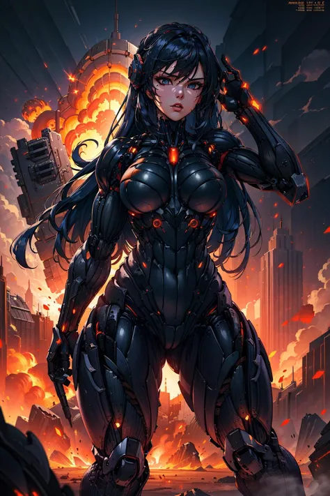 a woman in a futuristic suit standing in front of a city