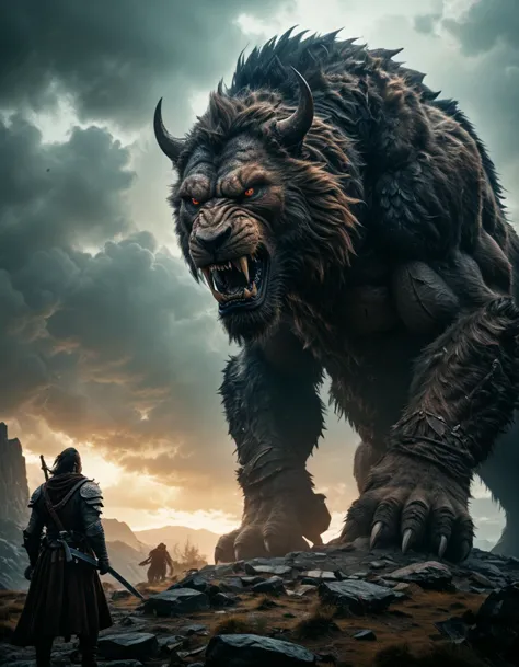 a man standing in front of a giant monster with a sword