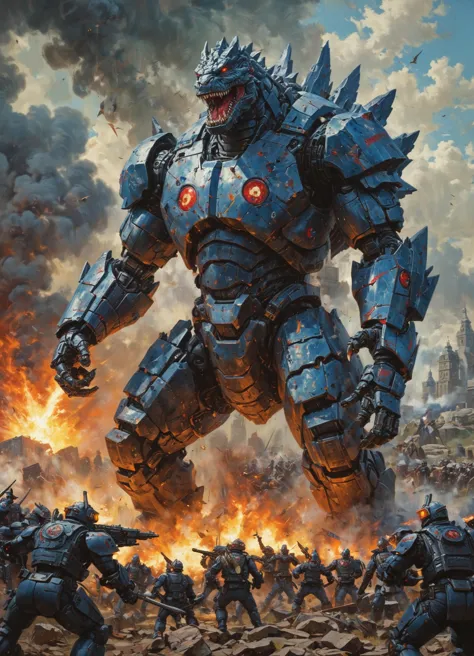 a painting of a giant robot attacking a group of soldiers