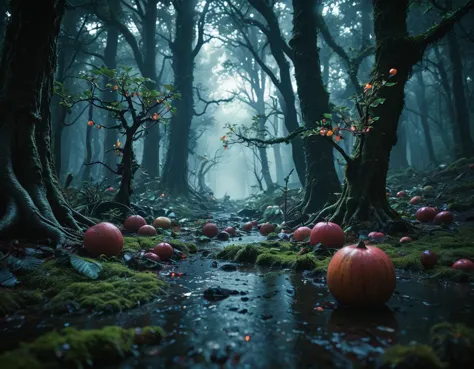 there are many pumpkins that are sitting in the woods