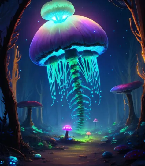 a mushroom in the forest with glowing lights on it