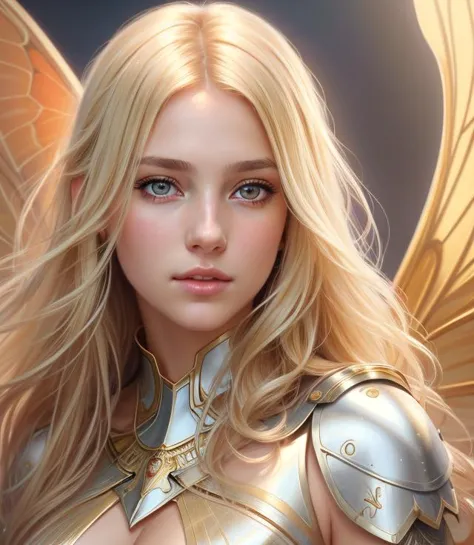 1girl, hair blonde, 8K, HD, realistic, wing butterflies on her face. beautiful highly detailed face. painting by artgerm and gre...