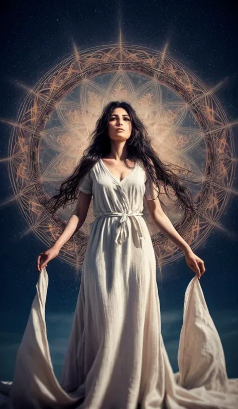 Perfect supernatural photo, Beautiful 27 yo Assyrian woman, flowing linen gown blowing in the wind, standing on the top of her z...