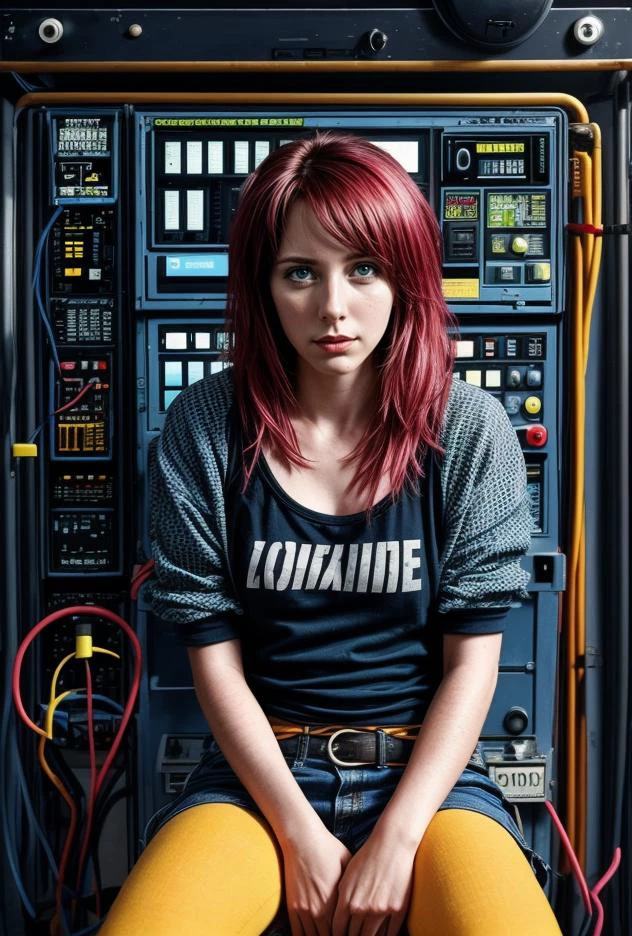 worn-down computer control panels surrounding an adult woman in dirty clothes sitting in a starship, creating a hyperpunk scene with desaturated dark red and blue details, colorful (polaroid:0.7) with vibrant colors, (vacations, high resolution:1.3), (small, selective focus, european film:1.2), (sexual advance:1.1), closeup
 epiC35mm
bright color