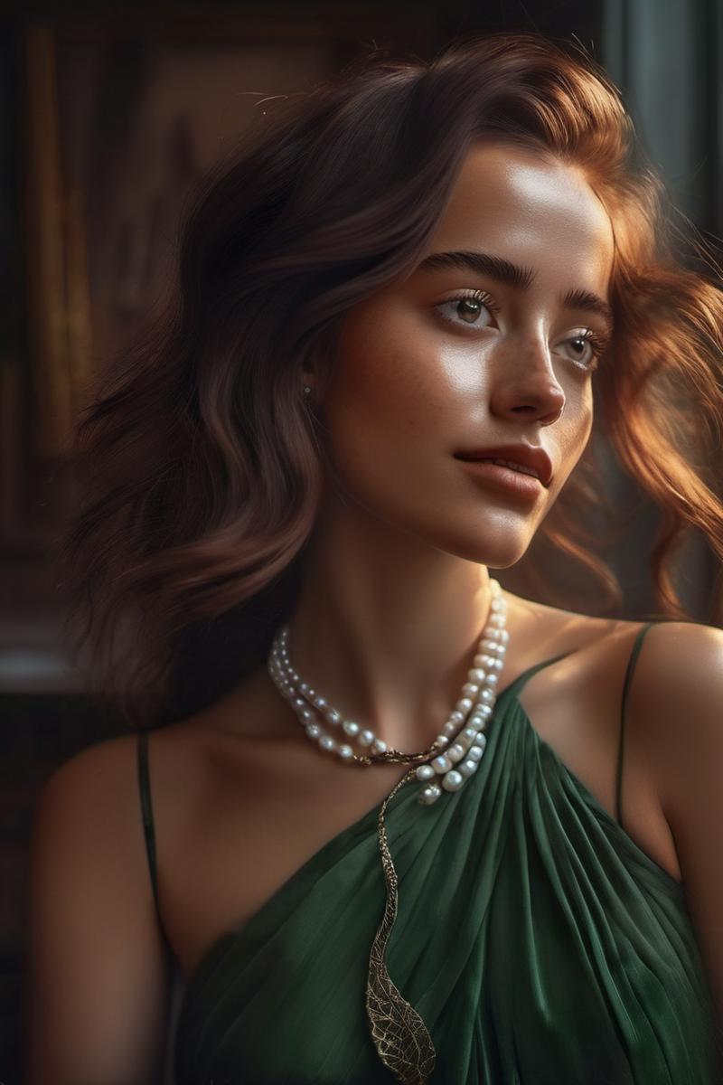 A woman in a green dress with a pearl necklace and a necklace - SeaArt AI