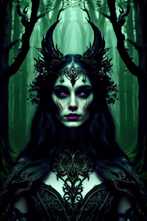 woman in a mythical forest, masterpiece, perfect face, intricate details, horror theme <lora:DonMD4rk3lv3s:0.8> donmd4rk3lv3s