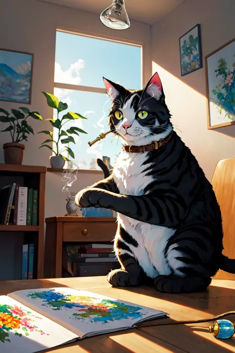 there is a cat sitting on a table with a book and a plant