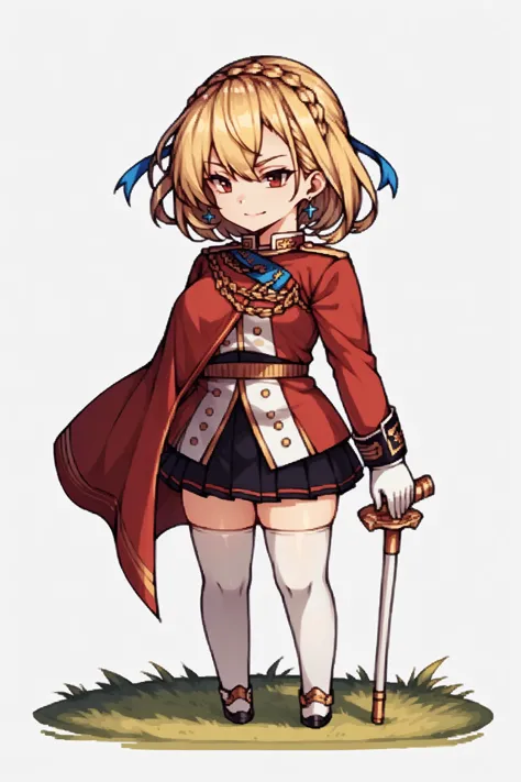 score_9, score_8_up, score_7_up, , rating_general,1girl ,IncrsPrncWlsDef, blonde hair, red eyes, crown braid, french braid, short hair, bangs, hair ribbon, jewelry, earrings, red cape, white gloves, pleated skirt, black skirt, military uniform, white thighhighs, uniform, zettai ryouiki, miniskirt, long sleeves, epaulettes, smile, <lora:PrinceOfWales_XLPD:1>, naughty face, <lora:GBFPixelPDCAME Style:1>, pixel art, 2d, full portrait, simple background, white background, chibi