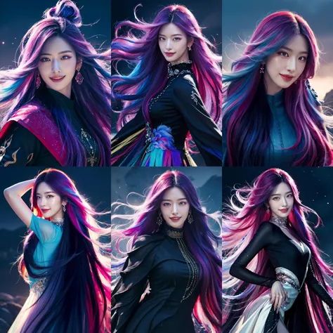 a collage of photos of a woman with purple hair