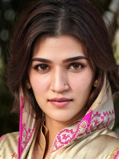 ultrarealistic hires close up photo of a 30-year-old krsa woman, outdoors, realistic skin texture, looking looking at camera, high collar (salwar_kameez_dupatta:1.2), loose hair, night time, beautiful bokeh background 