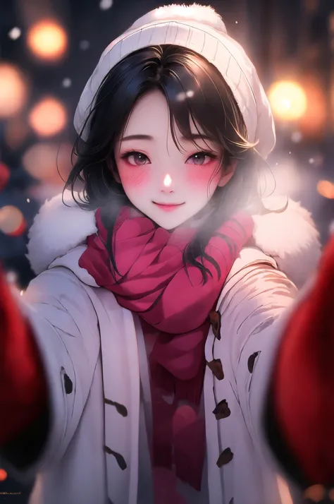 a girl in a white coat and red scarf holding her hands up