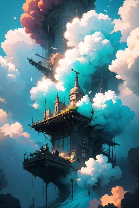 a painting of a castle in the clouds with a plane flying above