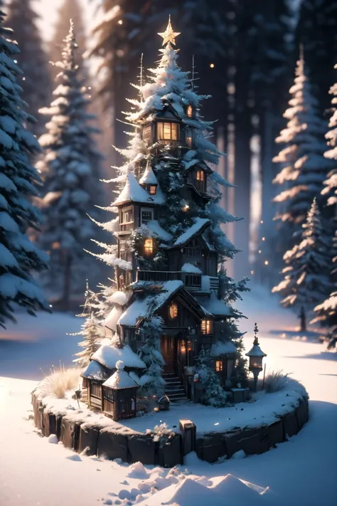 a small house in the middle of a snowy forest with a lit tree