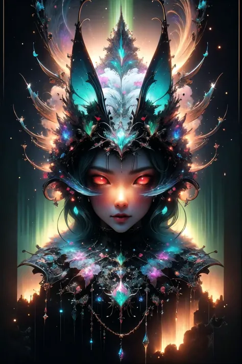 a woman with a butterfly headdress and glowing eyes