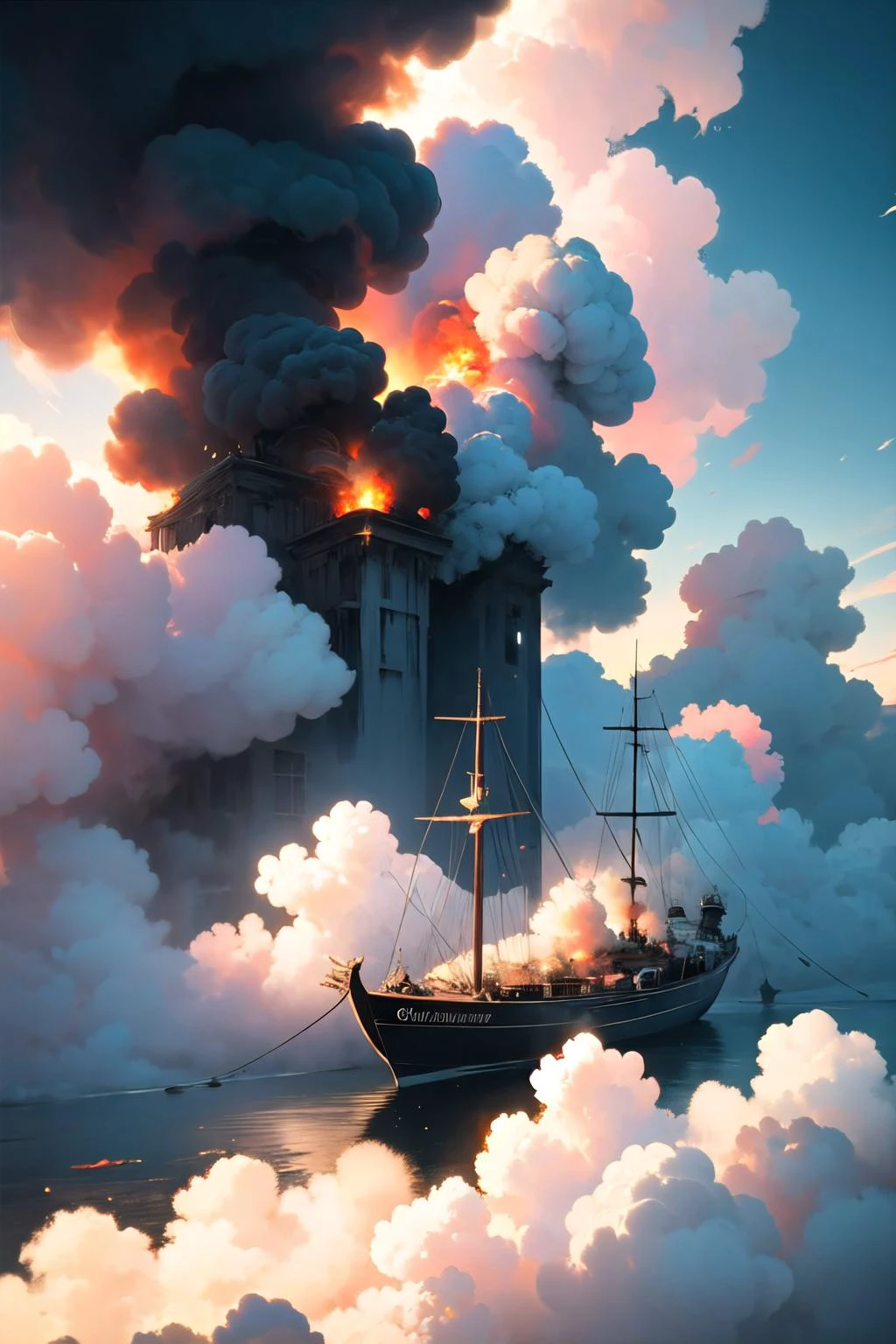 coloré_fumées, Fumée, fumées, Fumée trail,
Pixel art 16 bits, composition épique d&#39;un explorateur dans un (Bateau:1.2) atteindre une île dans les nuages, par les studios Ghibli, image cinématographique, hdr,