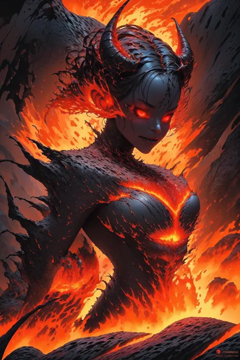 Portrait of a silhouette (1girl, demonic woman (<lora:EnvySorceress:0.4> sorceress (magic lava clothes, casting lava magic), fro...