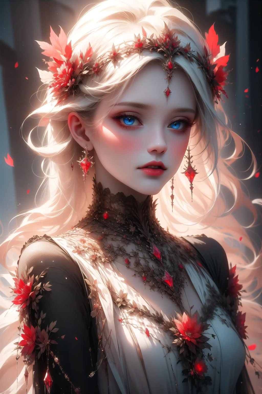 雷迪切, 红色主题, 一位有着飘逸银发的神秘女子的超现实主义肖像, 锐利的蓝眼睛, 和一顶精致的花冠, 红冰川,