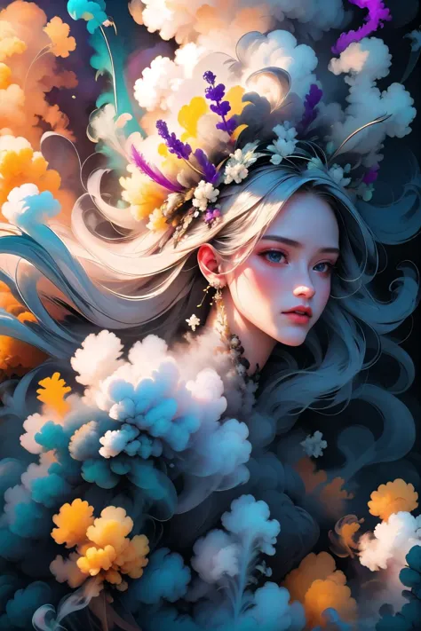 hyper-realistic portrait of a mysterious woman with flowing silver hair, piercing blue eyes, and a delicate floral crown, <lora:...
