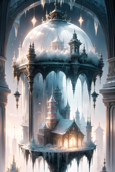 <lora:frosted-style-richy-v1:1>, frostedstyle, crystalline, frozen, ice, 
(flying house:1 1), capsule house, hanging in the air ...
