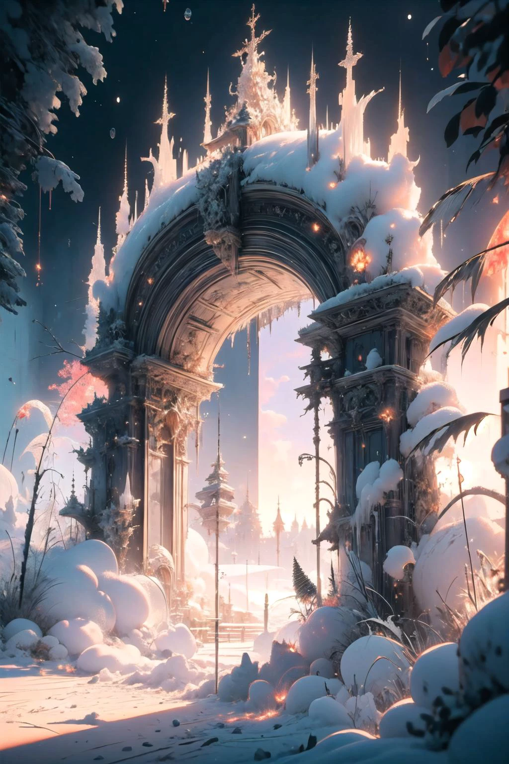 Schneestyle, winter, Schnee, 
Luftaufnahme eines Stratocumulus, der ein kreisförmiges Portal am Horizont bildet, von Ismail Inceoglu und Studio Ghibli, Portal zu einer Welt im Feuer, 8 k, Anime-Kunststil, Deckblattkunst, dramatische Szene Octane Render von Studio Ghibli, tolles Detail in der Tiefe, außergewöhnliche Beleuchtung, Sonnenuntergang, triadische Farben, bedrohlich,